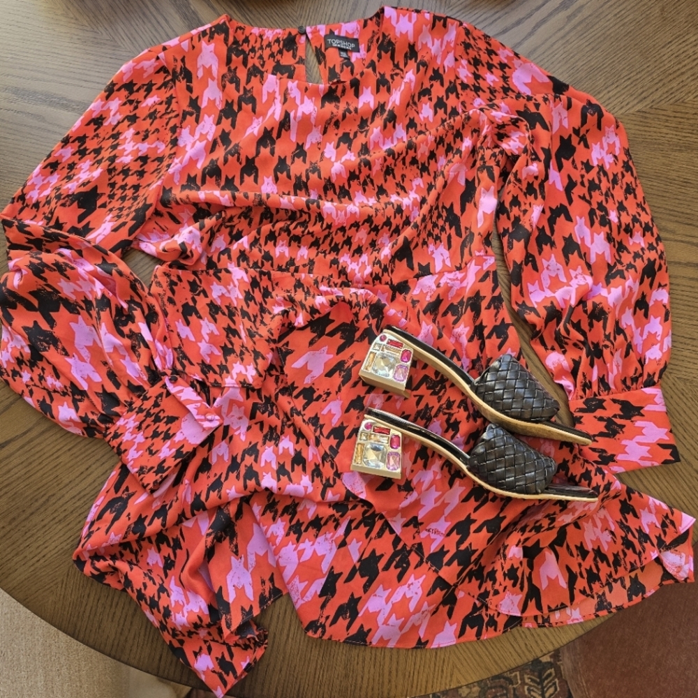 TOPSHOP Red Orange and Pink Houndstooth Blouse Dress🧡🩷🖤